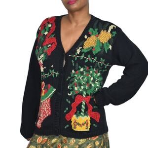 Ugly Christmas Sweater Black Cardigan Vintage 3D Knit Crochet Size Medium Petite